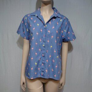 Women's Lands' End short sleeve button down blue flamingo shirt in 12P.